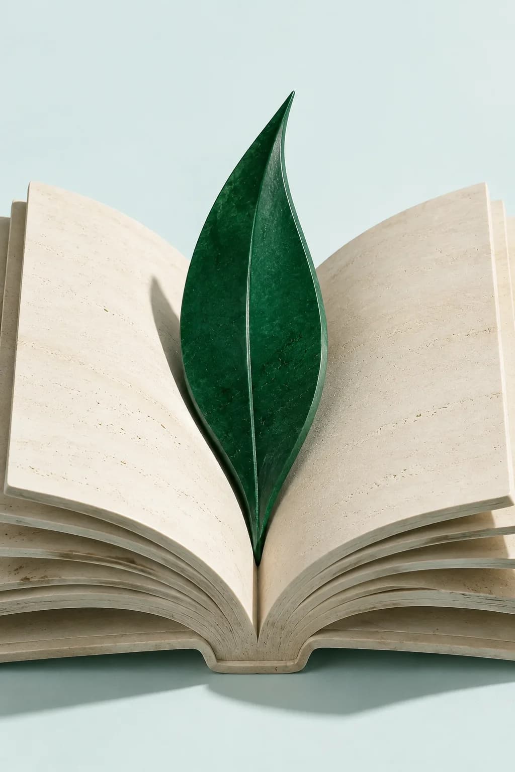 Livro em marfim com uma folha verde, representando aprendizagem ambiental.