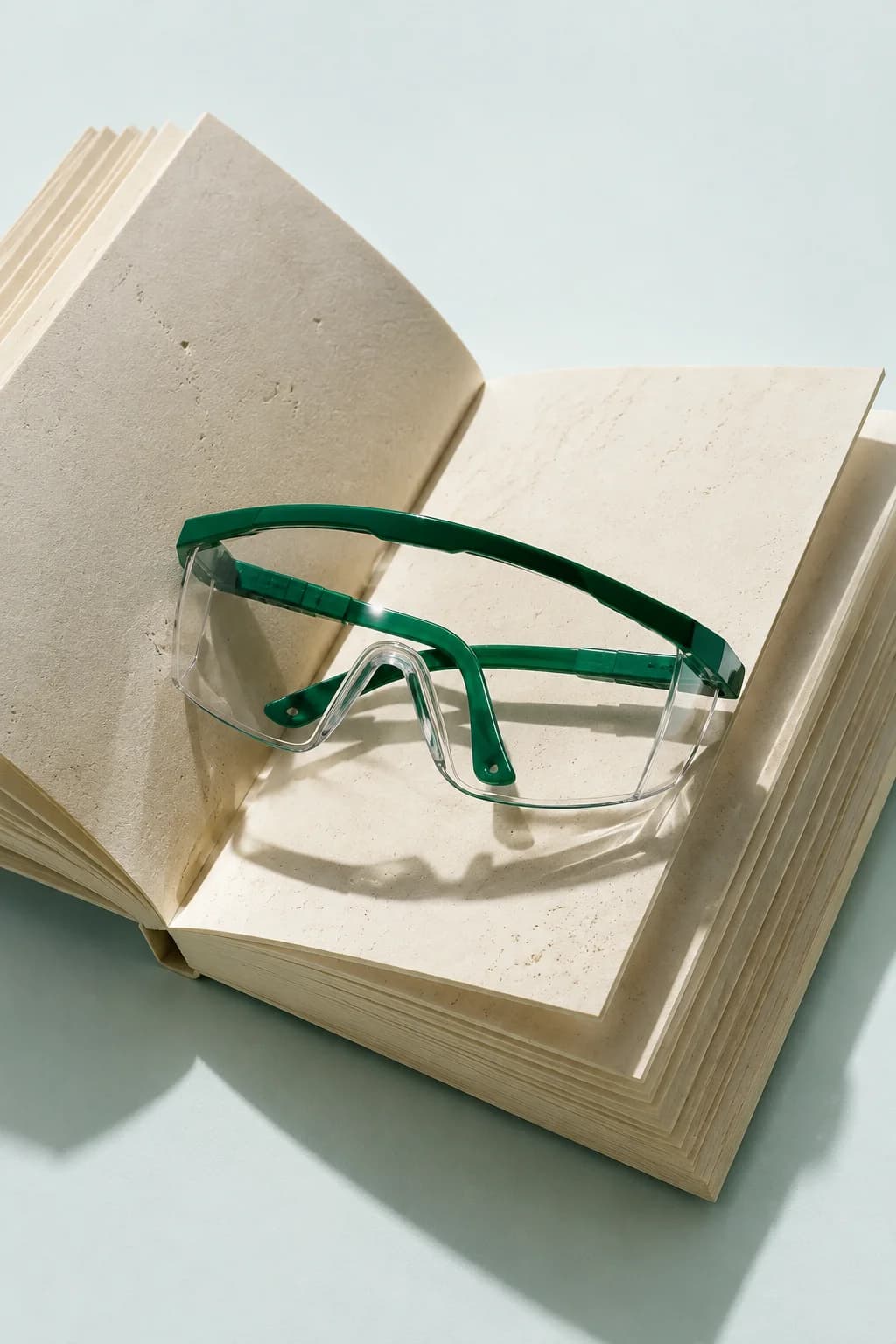 Livro aberto com óculos de proteção de armação verde.