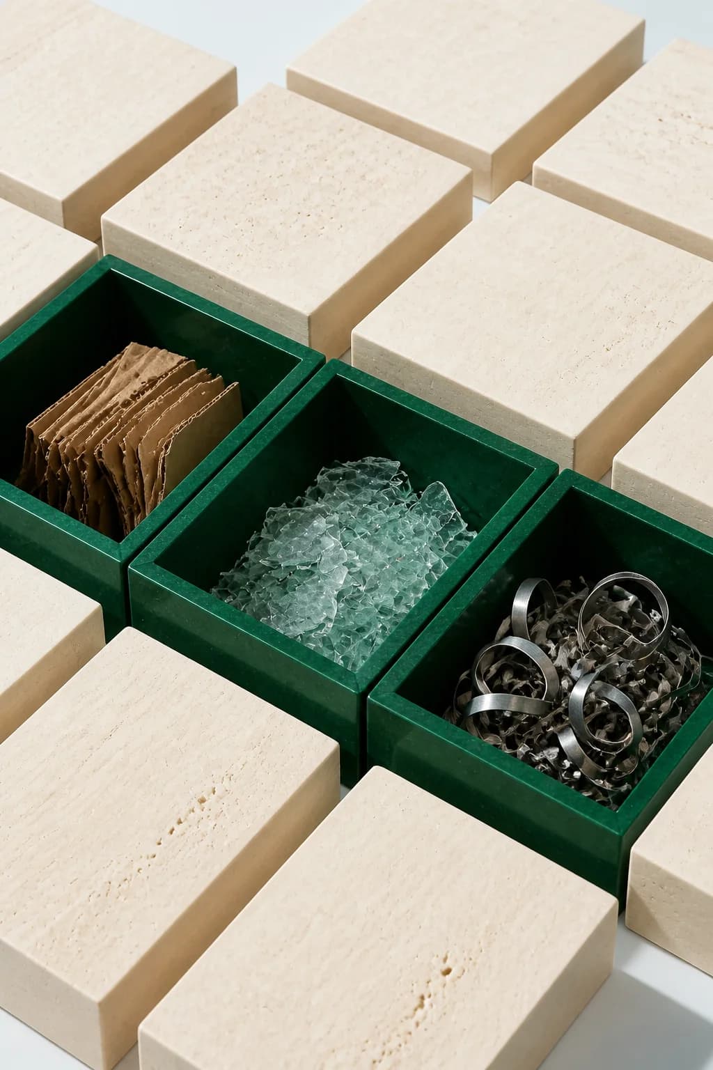 Três compartimentos com cartão, vidro e metal separados para recuperação.