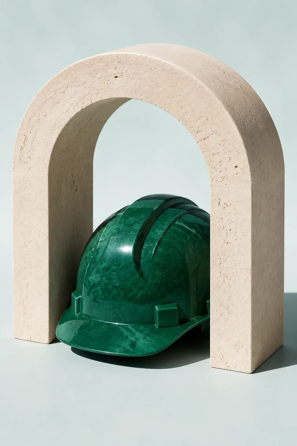 Capacete verde sob um arco de pedra que representa proteção no trabalho.