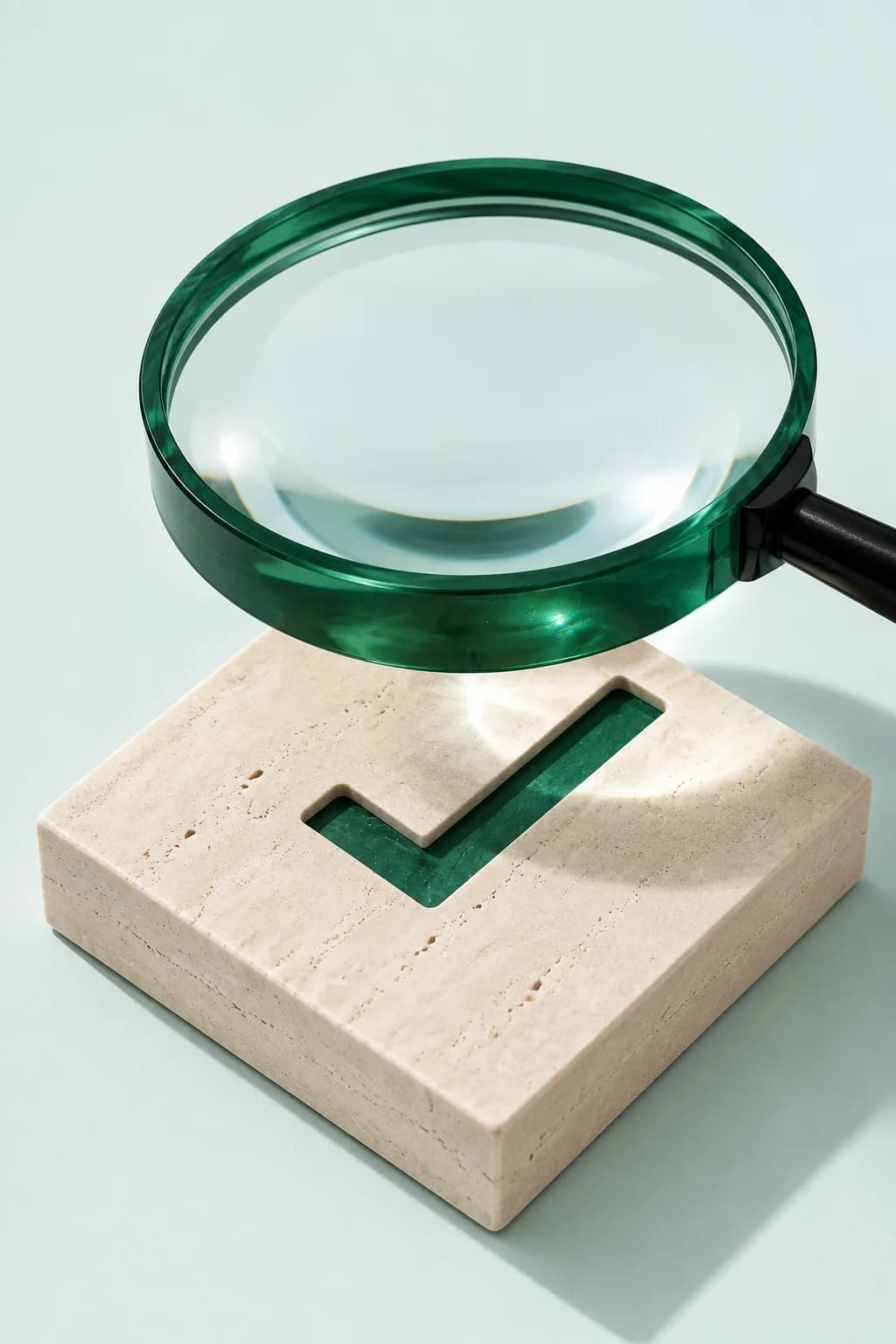 Lente sobre uma peça de pedra com uma marca de verificação verde.